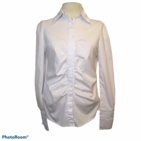 Allegra K Tops - White Button Gathered Front Wing Tip Collar